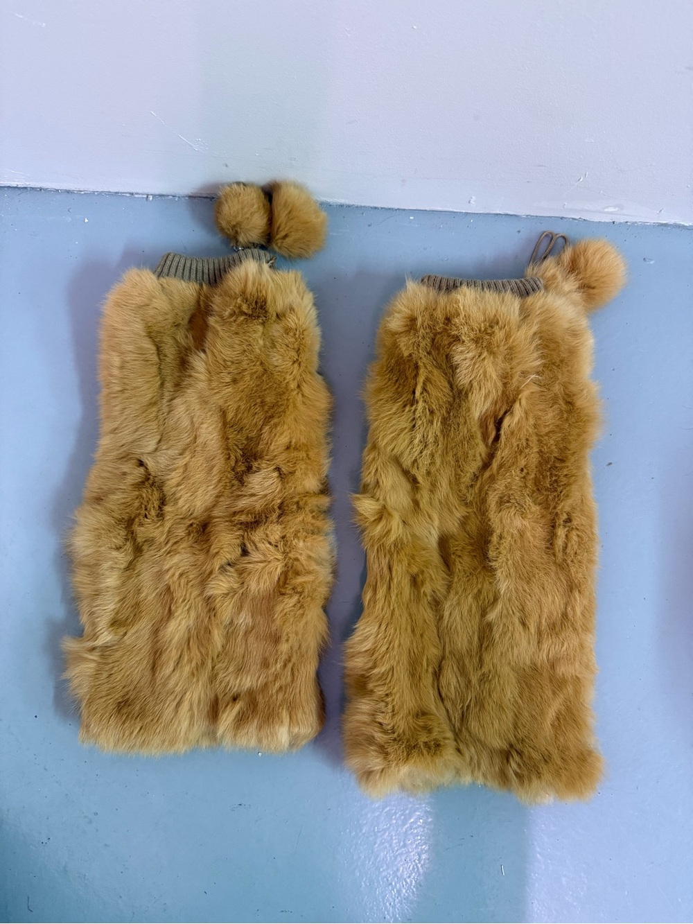 100% real rabbit fur legwarmers with pompoms and elastic cuff at top- caramel